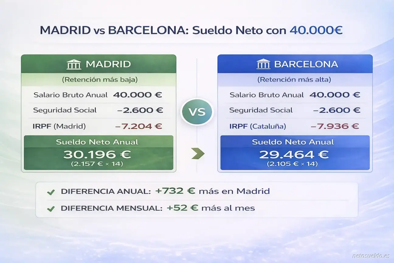 Comparativa de sou net entre Madrid i Barcelona amb 40.000€ bruts anuals, mostrant que a Madrid es cobra 732€ més a l'any (30.196€ vs 29.464€) degut a menor retenció IRPF