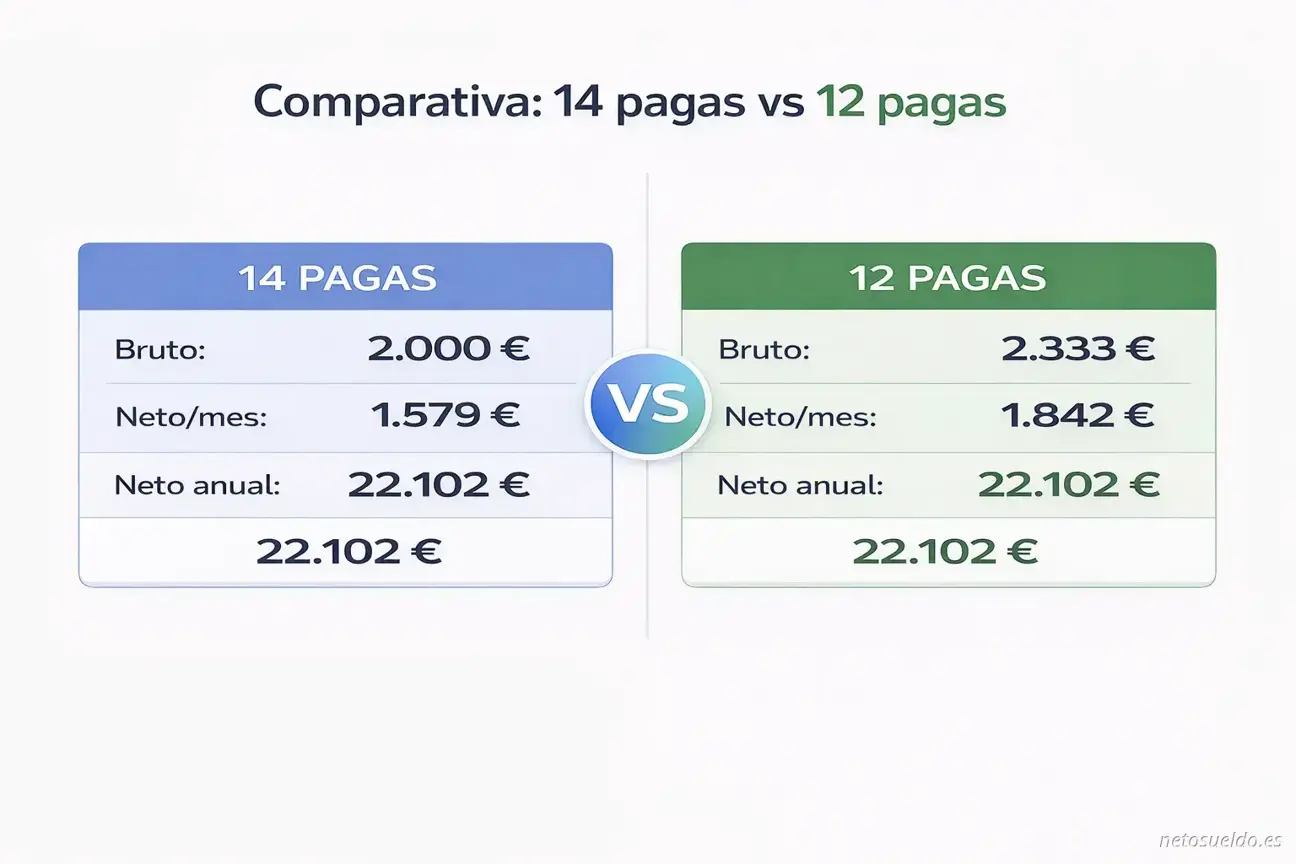 Comparativa visual entre pagues prorratejades (12 pagues de 2.333€) i no prorratejades (14 pagues de 2.000€) mostrant que el salari brut anual és el mateix (28.000€) però varia la distribució mensual
