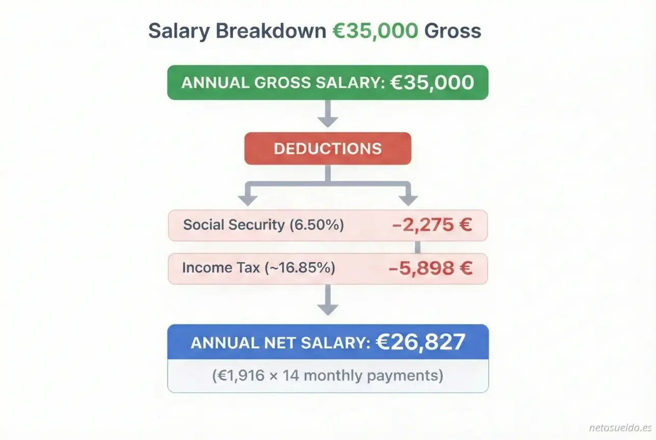 Salary breakdown diagram showing how a gross salary of €35,000 per year becomes €26,827 net after deducting Social Security (€2,275) and Income Tax (€5,898) in Spain