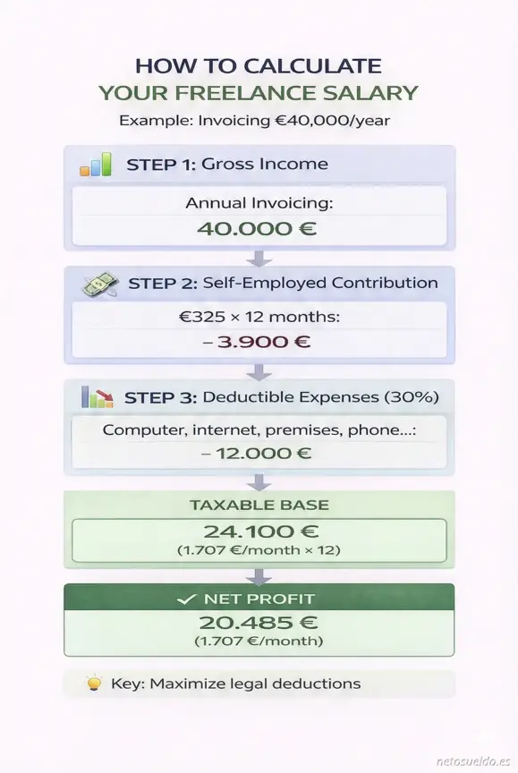 Step-by-step infographic on how to calculate net salary as a freelance self-employed, from billing (€40,000) to net profit (€20,485) including self-employed fee, deductible expenses and income tax