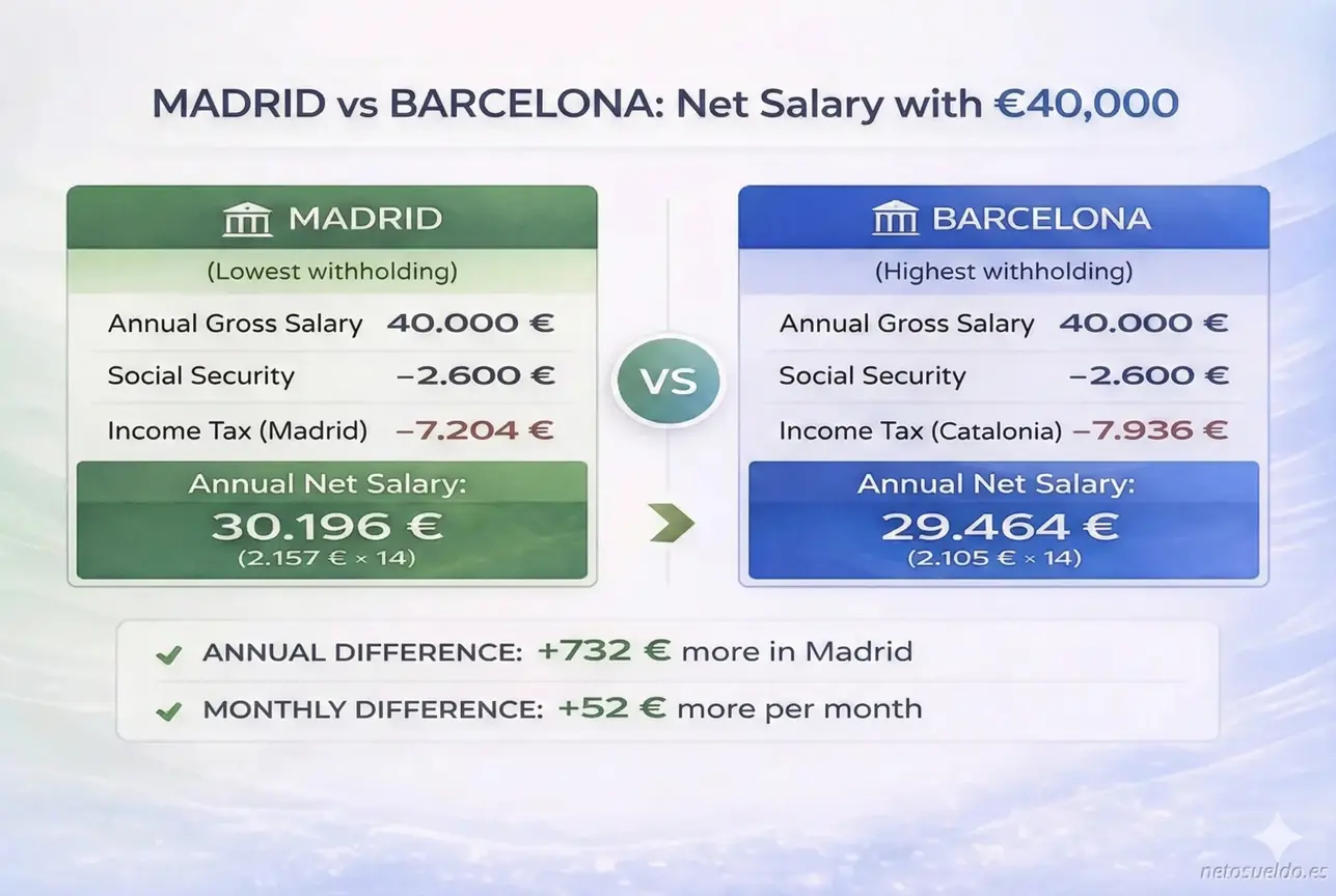 Net salary comparison between Madrid and Barcelona with €40,000 gross per year, showing that in Madrid you earn €732 more per year (€30,196 vs €29,464) due to lower income tax withholding