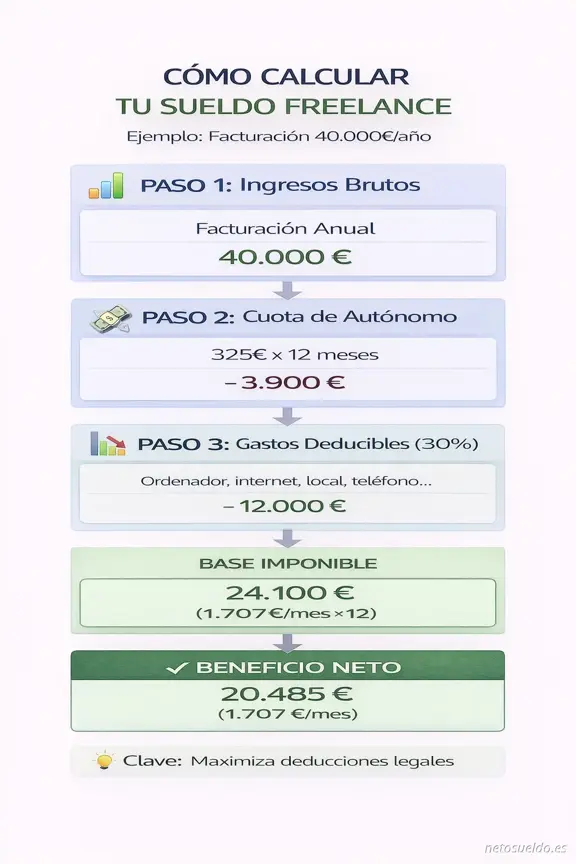 Infografía paso a paso de cómo calcular el sueldo neto como freelance autónomo, desde facturación (40.000€) hasta beneficio neto (20.485€) incluyendo cuota de autónomo, gastos deducibles e IRPF