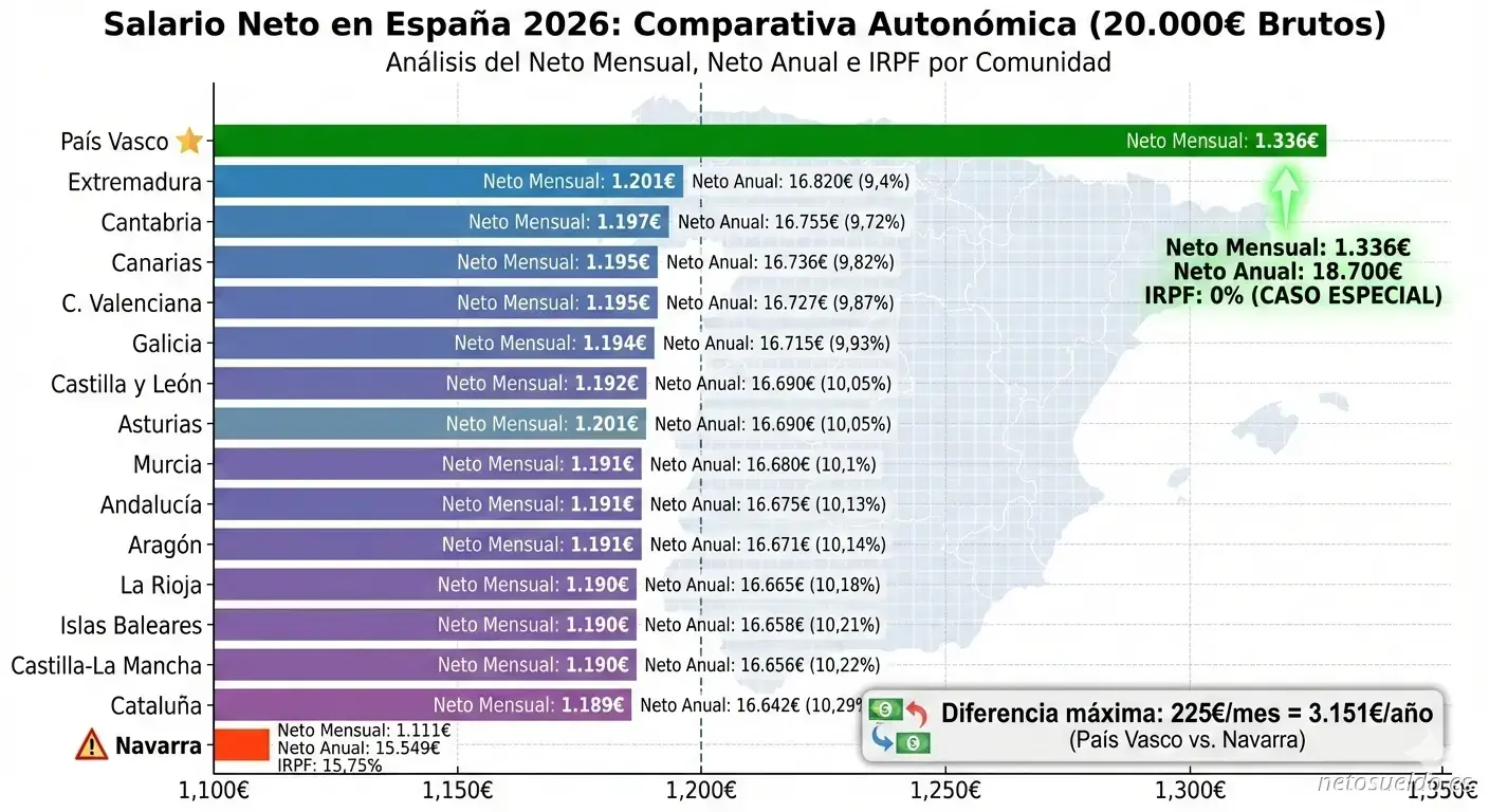 Comparativa del sou net mensual amb 20.000€ bruts per comunitat autònoma a Espanya 2026, ordenat de major a menor: País Basc (1.336€), Madrid (1.201€), fins a Navarra (1.111€)